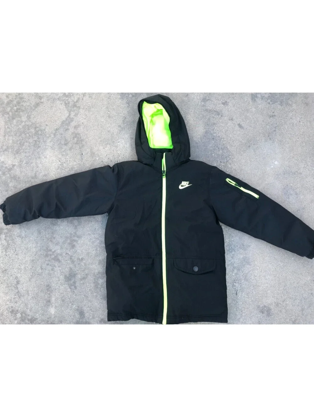 Vintage Nike 550 Goose Down Jacket Youth L Black Zip Hoodie Puffer Neon Yellow